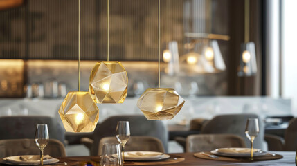 Elegant geometric pendant lights with minimalist appeal, crafted from premium materials like hand-blown glass or polished brass, creating a luxurious ambiance in modern dining rooms or lounges
