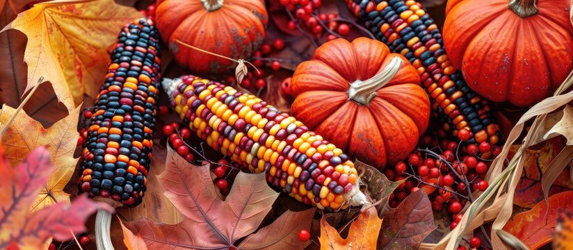 Thanksgiving home decor with pumpkins, Indian corn, and autumn leaves.