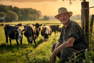 mature farmer stands in a green grass field near his cattle farm, Some cows wander behind him. - obrazy, fototapety, plakaty