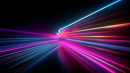Foto op Canvas Blue pink and purple neon glow laser beam light lines moving fast,digital, high speed internet, cyberpunk, techonogy backdrop. futuristic abstract background. © Sunday Cat Studio