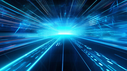Obraz premium Blue neon glow laser beam tunnel, high speed internet and digital concept abstract background.
