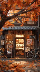 Autumnal hues, a cozy Japanese storefront framed by maple leaves hyper realistic.
