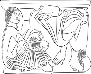 Detail of a Romanesque sculpture present in the Modena cathedral, metope called "gli antipodi", vector illustration