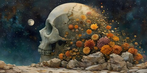 Fantasy scene - A large human skull lying in flowers against the background of a starry sky. Human life concept.