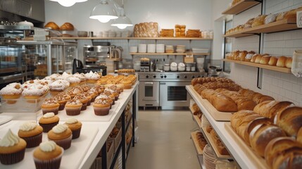 A sleek modern kitchen transformed into a bakery wonderland. Rows of perfectly-iced cupcakes glistening pastries and fragrant loaves of bread beckon for tastebuds. - obrazy, fototapety, plakaty