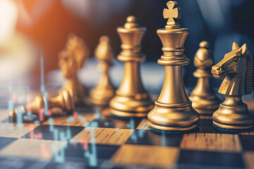 Golden chess pieces on a board, highlighting strategic planning, leadership, and competition in a game of chess. - obrazy, fototapety, plakaty