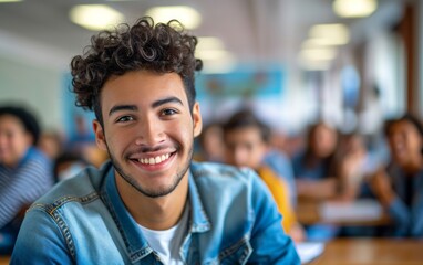 Naklejka premium Close up portrait of smiling teen man student in classroom. Selective focus.