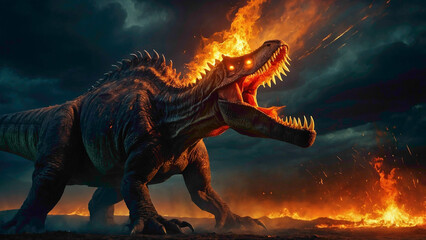 dinosaurs with wings scary face with burning fire abstract background of the animals of earlier...