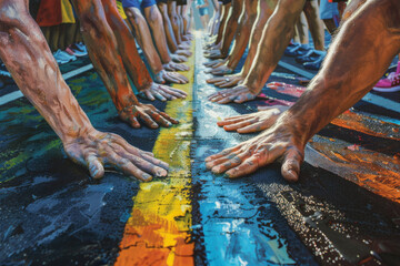 Hands on the starting line of a race.