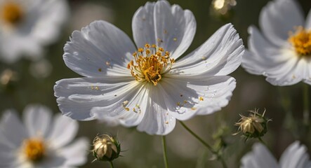 White cosmea flowers on a green background