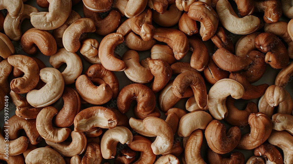 Poster generative ai : roasted cashew nuts, texture and background. top view.