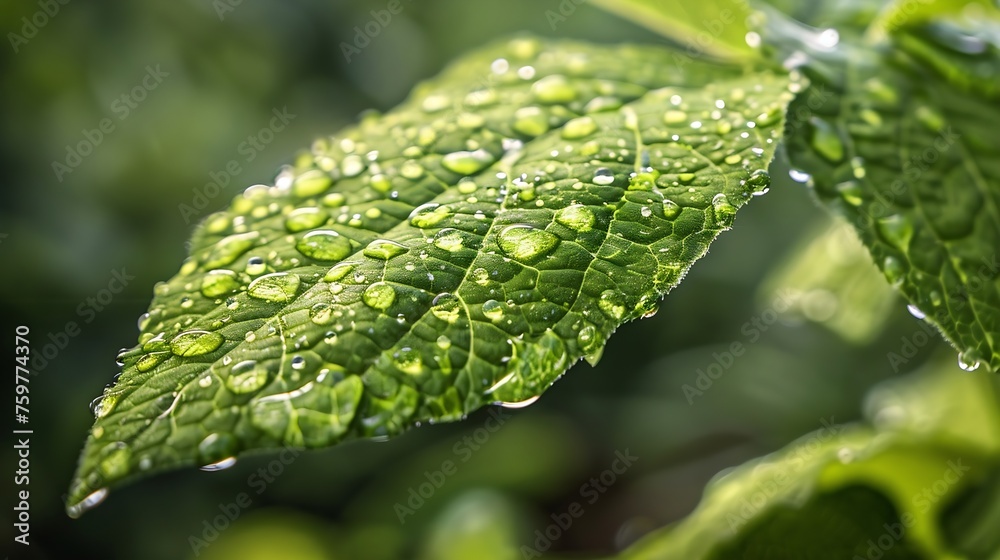 Aufkleber generative ai : a beautiful fresh green leaf covered with raindrops and highlighted by the sun.