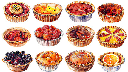 Watercolor Baked Goods and Fruit Tarts on transparent background - obrazy, fototapety, plakaty