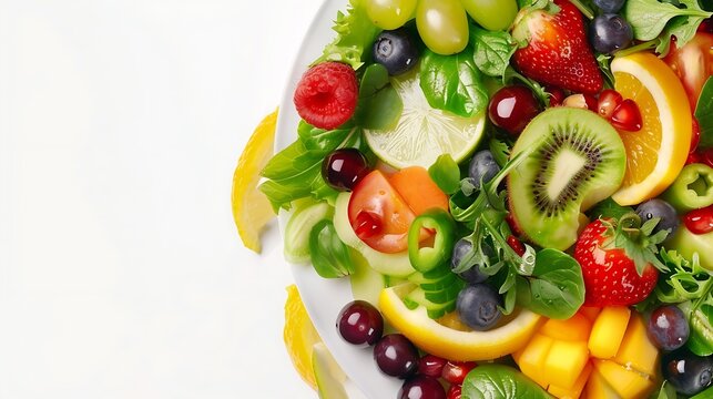 Generative AI : fresh fruits salad on white background