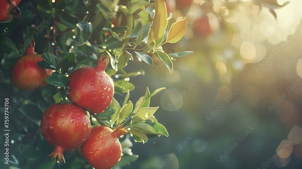 Aufkleber generative ai : pomegranate fruits with water droplets hanging on tree.