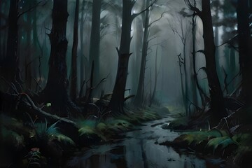 misty forest in the night - obrazy, fototapety, plakaty