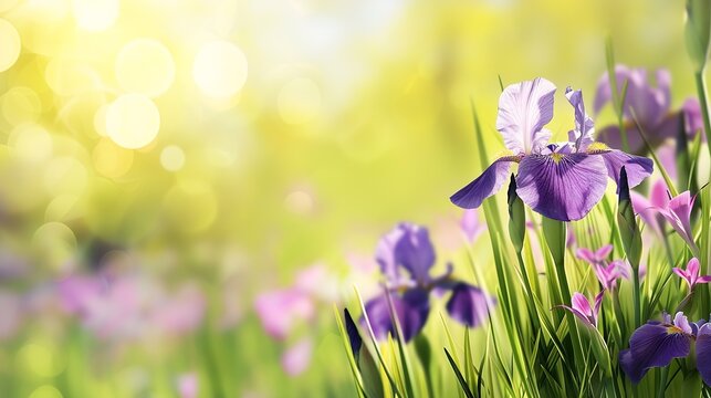 Generative AI : Spring nature background with beautiful iris flowers
