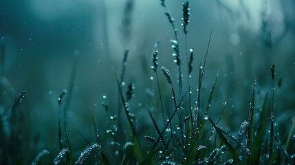 Generative AI : Grass in the morning wet macro - obrazy, fototapety, plakaty