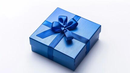 Generative AI : Blue shiny metallic gift box isolated on white background. top view, copy space