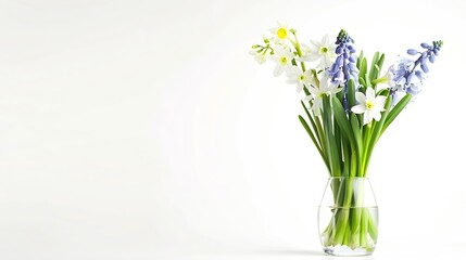 Generative AI : Bouquet of fresh narcissus and hyacinths in vase isolated over white