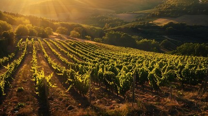 Generative AI : Vineyards at sunset with beautiful light. Gascony, France