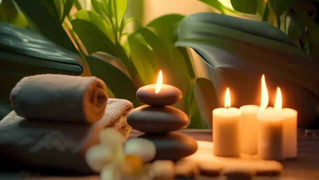 Spa still life with zen stones, candles and orchid flower, Spa concept with eucalyptus oil and eucalyptus leaf extract natural /organic spa cosmetics products, AI Generated