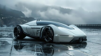 Sleek Futuristic Concept Car on Wet Road