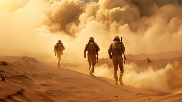 Unidentified soldiers are walking in the desert in Chonburi, Thailand, Special military soldiers walking in a smoky desert, AI Generated