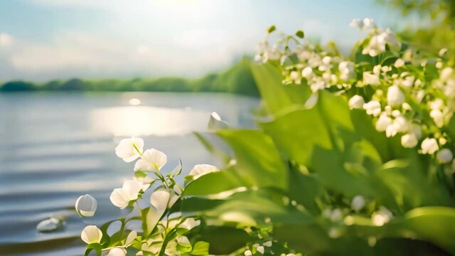Lily of the valley on the lake shore in sunny day, spring background or summer background with fresh green, AI Generated
