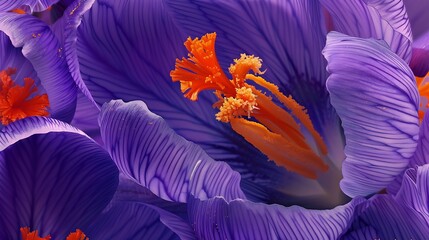 Generative AI : Close up of purple crocus flowers with orange pistil and stamens Arlington, Massachusetts.