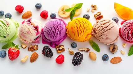 Generative AI : Set of ice cream scoops of different colors and flavours with berries isolated on...