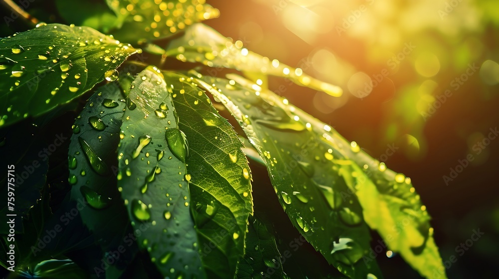Aufkleber generative ai : a beautiful fresh green leaf covered with raindrops and highlighted by the sun.