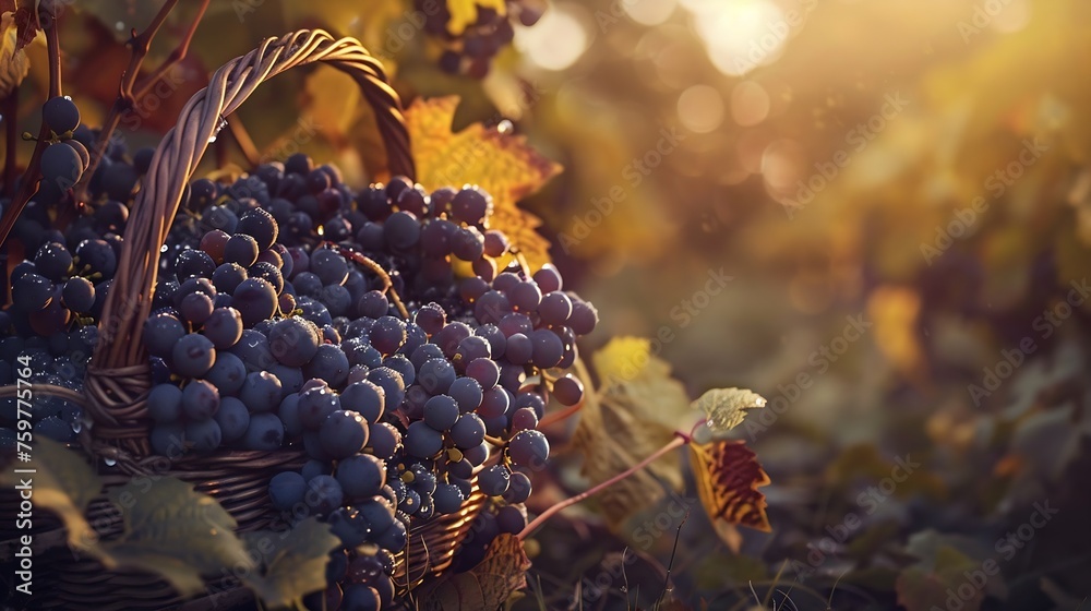 Poster Generative AI : Ripe Syrah grapes on vine, close-up with glow in background and selective focus