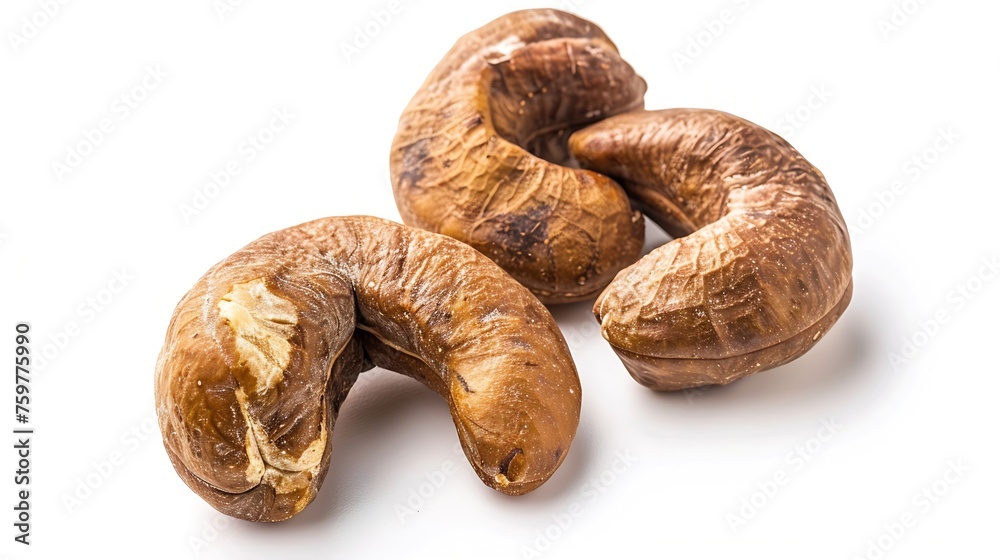 Poster generative ai : close-up three roasted cashew nuts isolated on white background. clipping path.