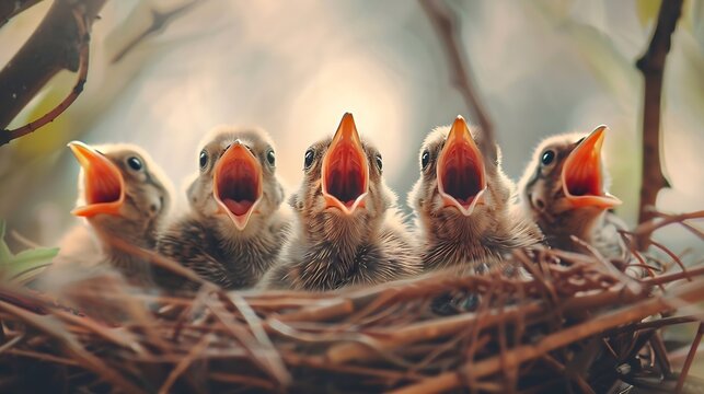 Generative AI : Group of hungry baby birds sitting in their nest with mouths wide open waiting for feeding