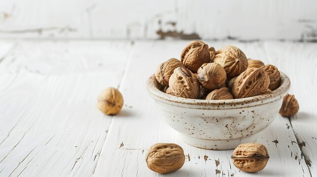 Generative AI : Mixed nuts in a bowl on white wood background.