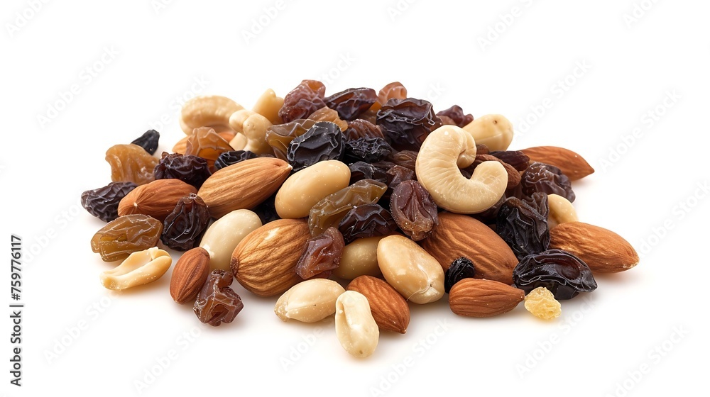 Poster generative ai : mixed fresh nuts and raisins isolated on white background