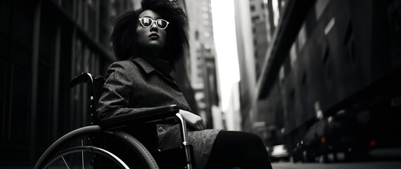 black and white Portrait of a black woman in a wheelchair wearing glasses in a busy city, urban accessibility for people with disabilities in wheelchairs,, Generated AI - Powered by Adobe