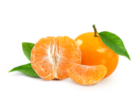 tangerine or mandarin fruit with leaves, transparent background