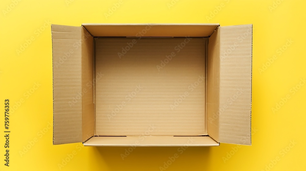 Aufkleber Generative AI : Open empty cardboard box on yellow background. Top view