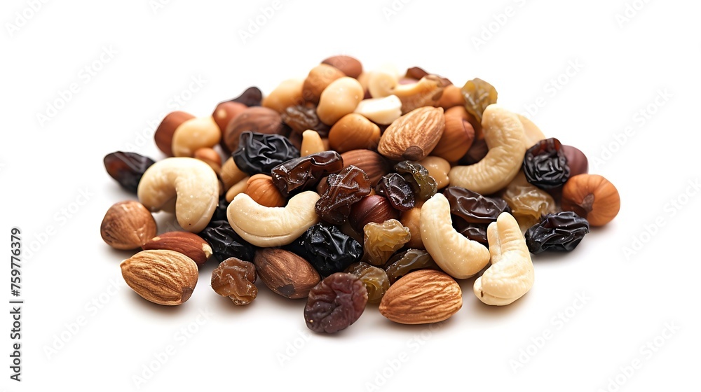 Poster generative ai : mixed fresh nuts and raisins isolated on white