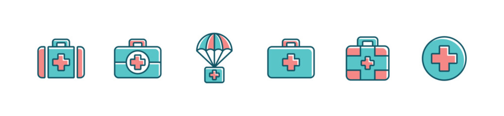 Fototapeta premium medical safety first aid kit icon set health care medkit emergency box case vector illustration