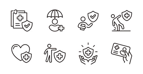 health care life insurance icon set people safety shield assurance vector with medicals cross sign illustration for web and app - obrazy, fototapety, plakaty