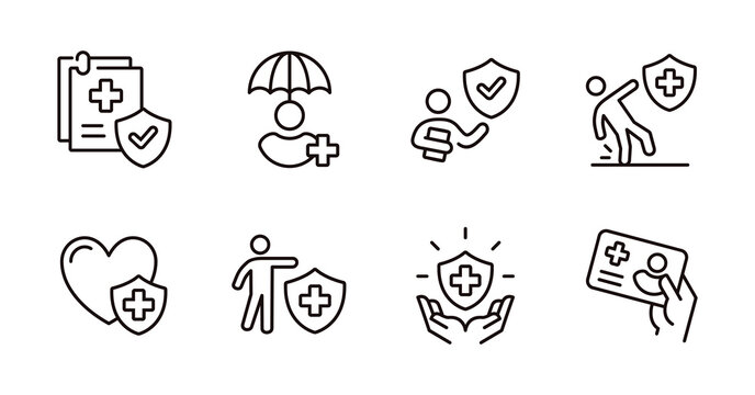 health care life insurance icon set people safety shield assurance vector with medicals cross sign illustration for web and app