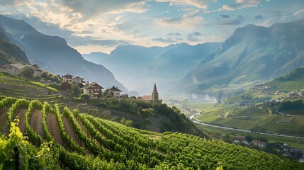 Generative AI : The picturesque landscape with vineyards against mountains.