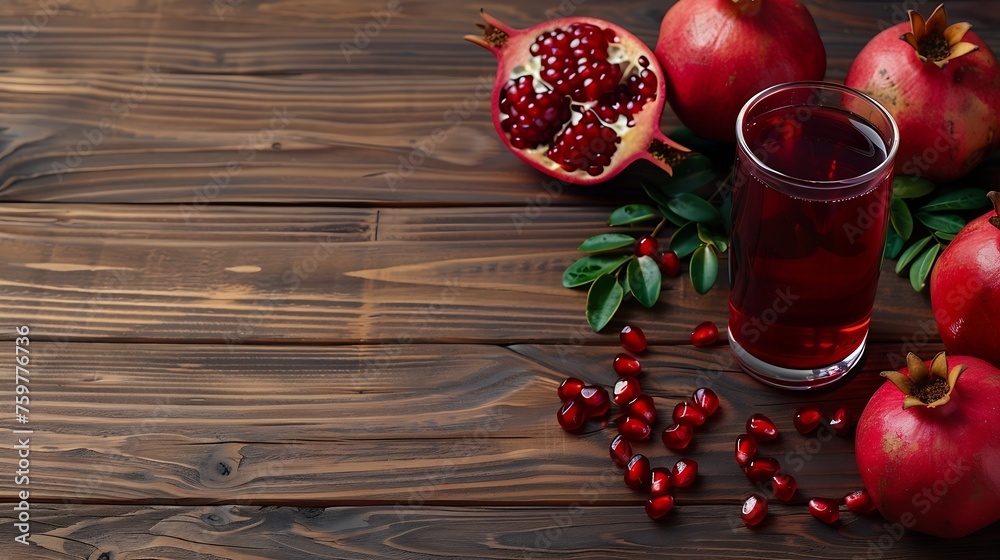 Aufkleber generative ai : pomegranate juice with fresh pomegranate fruits on wooden table.