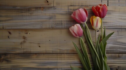 Generative AI : Lovely tulip flowers on wooden backdrop, holiday postcard