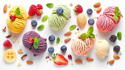 Generative AI : Set of ice cream scoops of different colors and flavours with berries isolated on...