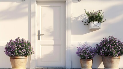 Generative AI : White front door with small square decorative windows and flower pots