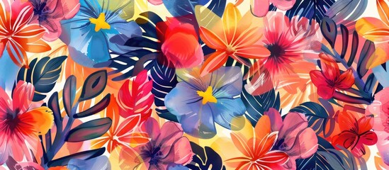 Fototapeta na wymiar Abstract seamless pattern with colorful floral and geometric elements, hand-drawn in watercolor style. Suitable for textile and interior decor.